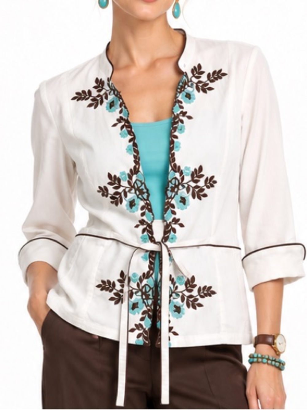 Samuel Dong White Embroidered Floral Turquoise Brown Tie Waist Jacket SZ MED